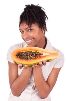 Young happy black / african american woman holding fresh papaya isolated on white background