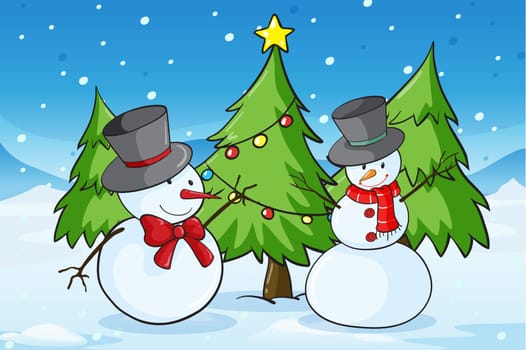 detailed illustration of snowmen in a snow land