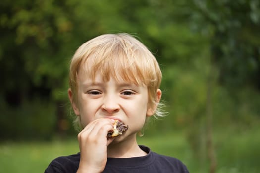 Blond  boy eating cake outdoors (green background)