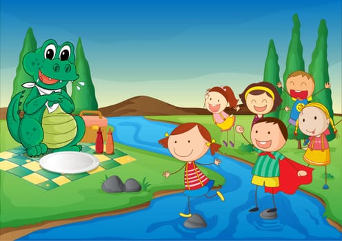 illustration of a river, a dinosaur and kids in a beautiful nature