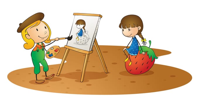 illustration of a girls doing painting on board