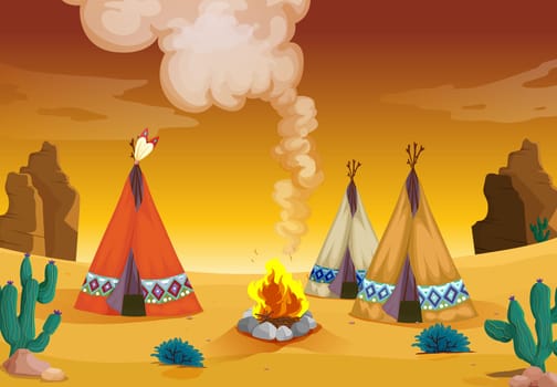 illustration of a tent house and fire in a desert