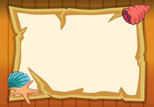 illustration of shell, a star fish and a map on a wooden background