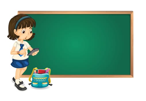 illustration of a girl and a green board on white background