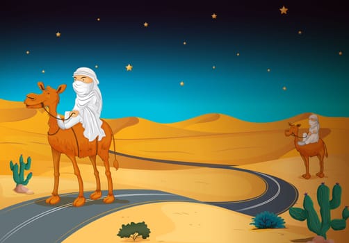 illustration of arabians riding on a camel in a desert