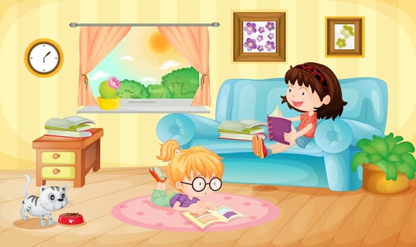 Illustration of girls reading at home