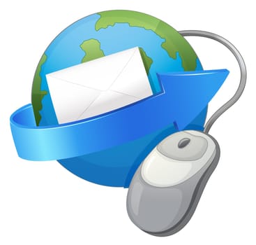 illustration of an earth, arrow, envelop and a mouse on a white background