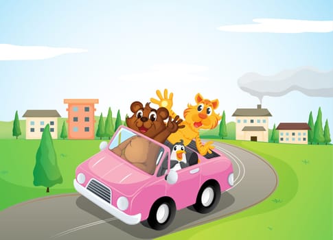 illustration of animals in a car in nature