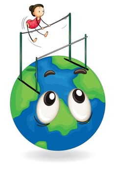 illustration of a girl playing double bar on earth globe