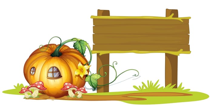 illustration of board and pumpkin house on white