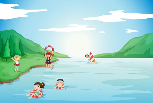 illustration of kids swimming in water in nature