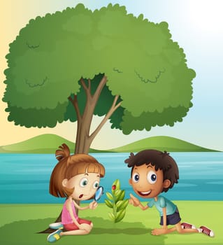illustration of a boy and a girl in a beautiful nature