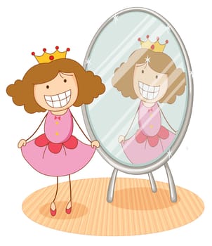 illustration of girl in front of a mirror on a white background