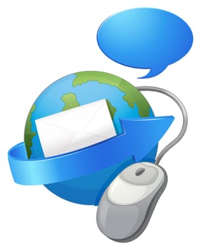 illustration of an earth, arrow, envelop and a mouse on a white background