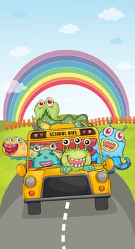 illustration of monsters, school bus and rainbow on a white background