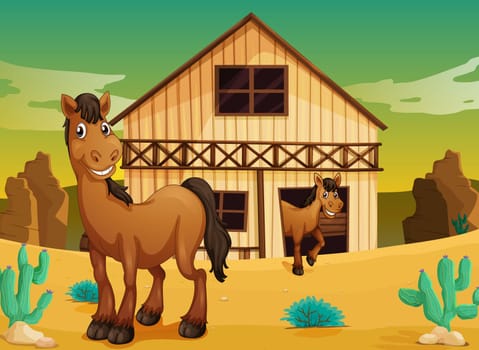 illustration of house and horses in a desert