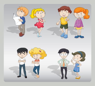 illustration of various characters on a grey background