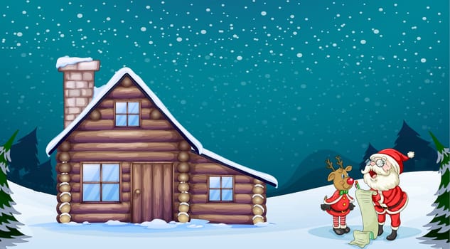 illustration of a santa claus and a reindeer in a beautiful nature