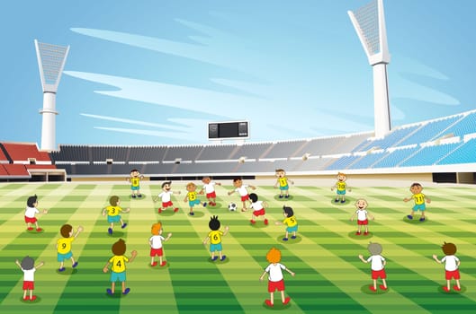 illustration of boys playing football in a stadium