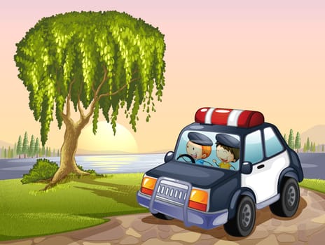 illustration of car and kids around tree in a nature