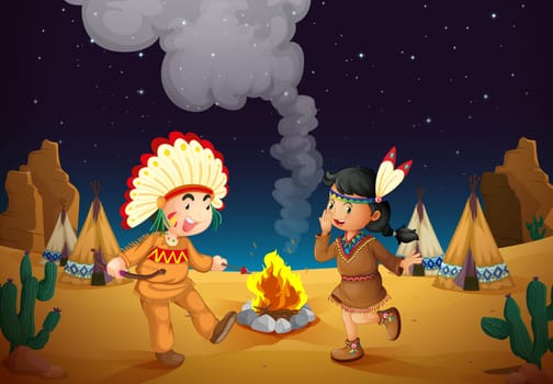 illustration of a dancing boy and girl in night sky