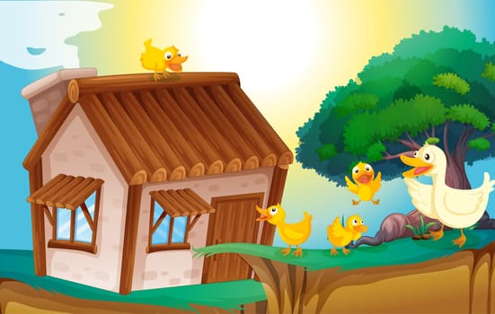 illustration of a wooden house and ducks in nature