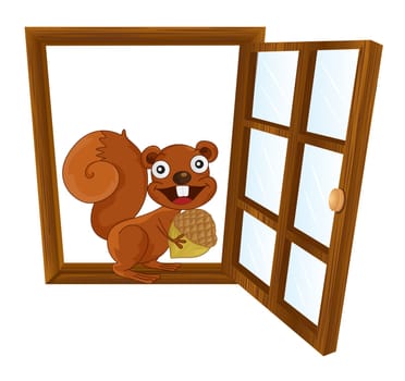 illustration of window and squirrel on white background