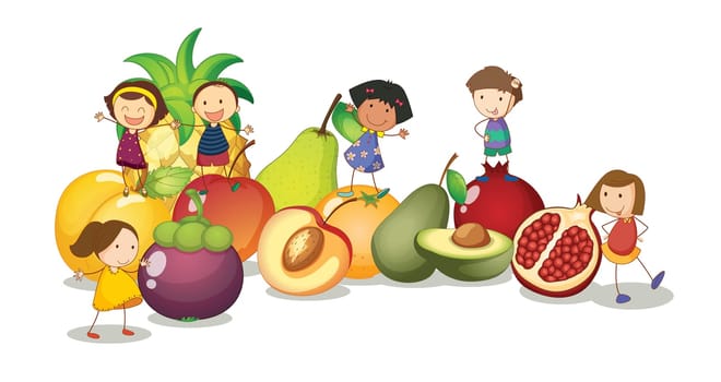 illustration of kids and fruits on a white background