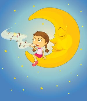 illustration of a girl and moon in night sky