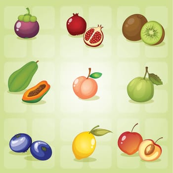illustration of various fruits on a green shade background