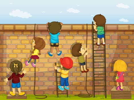 illustration of kids climbing on a brick wall