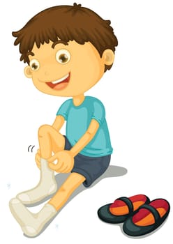 Illustration of a boy putting on shoes