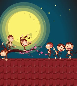 illustration of monkeys playing on a roof