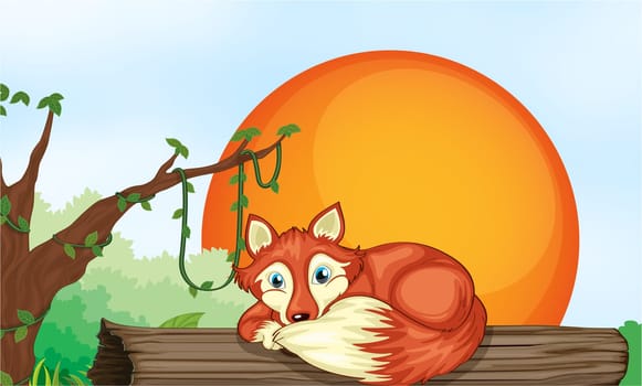 illustration of a fox resting on wood in jungle