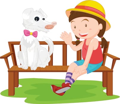 illustration of girl sitting with dog on bench