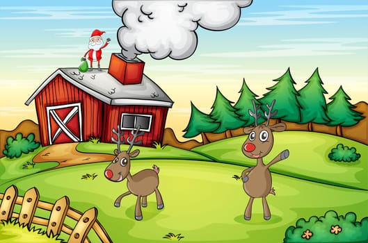 illustration of a santa claus and a reindeer in a beautiful nature