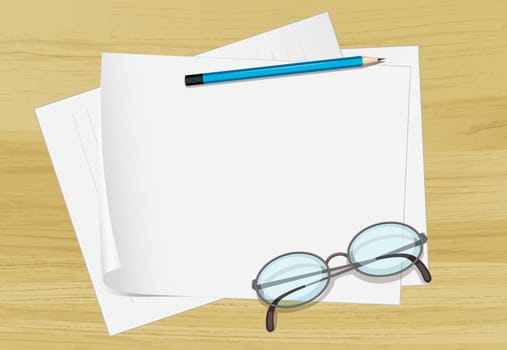 illustration of drawing paper and pencil on a table