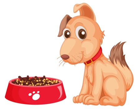 Illustration of a dog sitting next to his food
