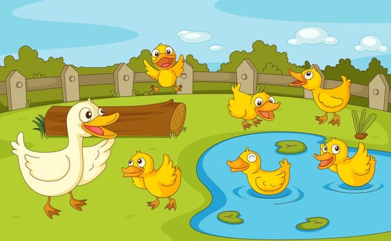 IIllustration of a family of ducks at the pond