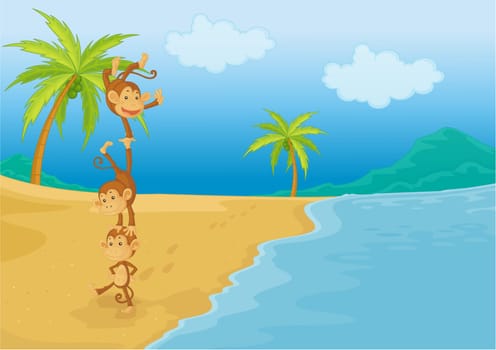 an illustration of monkeys playing on the beach