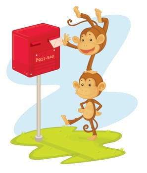 an illlustration of two monkeys performing and posting a letter