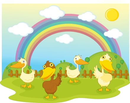 illustration of duck on background of rainbow