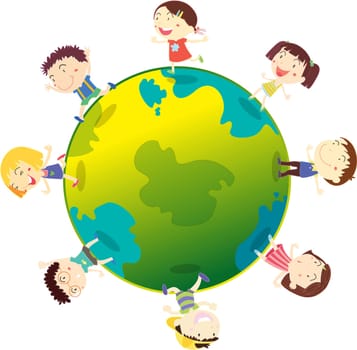 Illustration of kids playing on globe on a white background