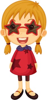 Illustration of a girl with star shaped sun glasses on white background
