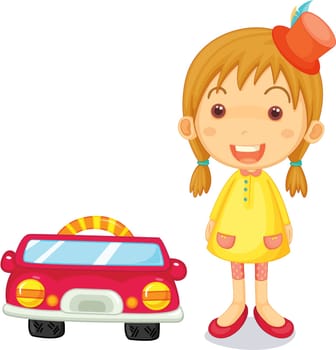 Illustration of a girl standing next to car on white background