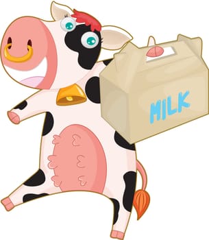 illustration of a cow and milk bag on a white background