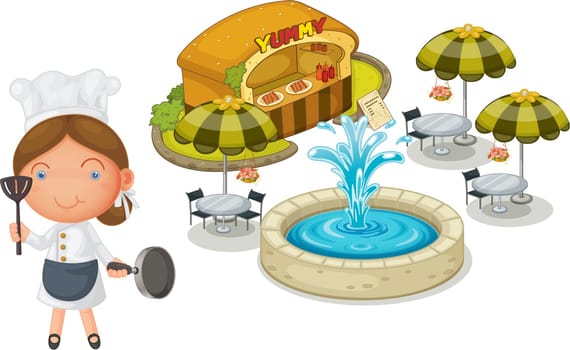 illustration of a girl and cakeshop on a white background