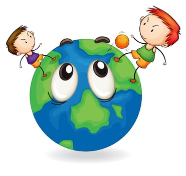 illustration of boys playing football on earth globe