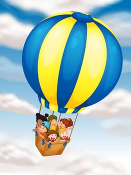 illustration of kids flying in hot air balloon