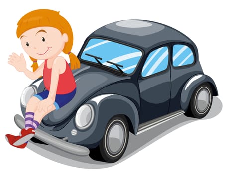 illustration of a girl sitting on a car on a white background